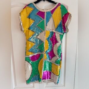 Retro Geometric Sequin Mini Dress Vibrant Colors Short Sleeve Party Cocktail